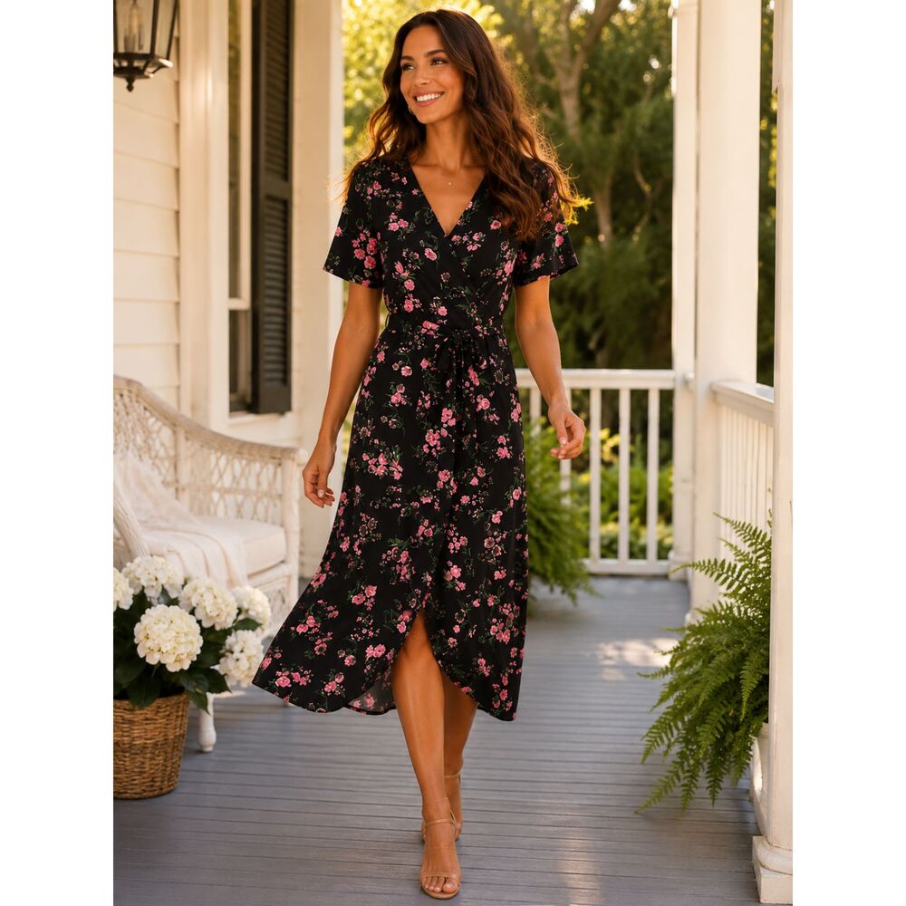 Floral Faux-Wrap Midi Southern Dress – Black with Pink Blossoms Medium